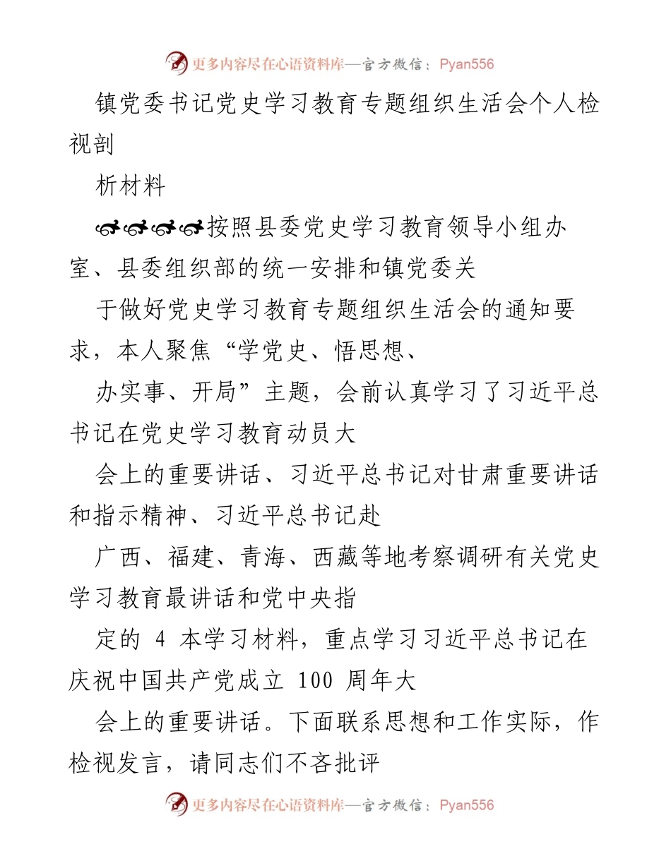 [发言] 党史学习教育专题组织生活会 - 镇党委书记个人检视剖析材料.docx_第1页