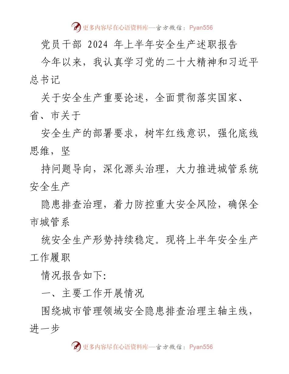 [发言] 党员干部安全生产述职 - 2024年上半年安全生产工作履职报告.docx_第1页