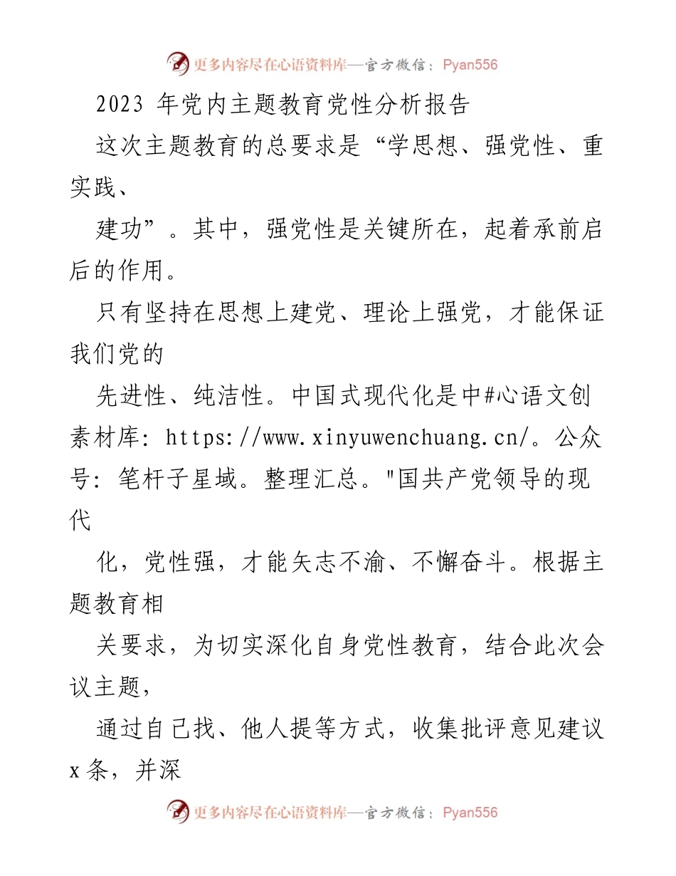 [发言] 党内主题教育会议 - 2023年党性分析报告与整改措施_1.docx_第1页