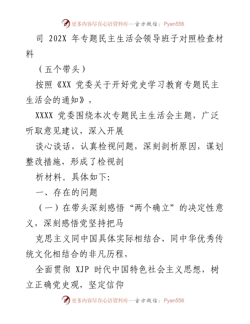 [发言] 党史学习教育专题民主生活会 - 领导班子对照检查与整改措施分析.docx_第1页