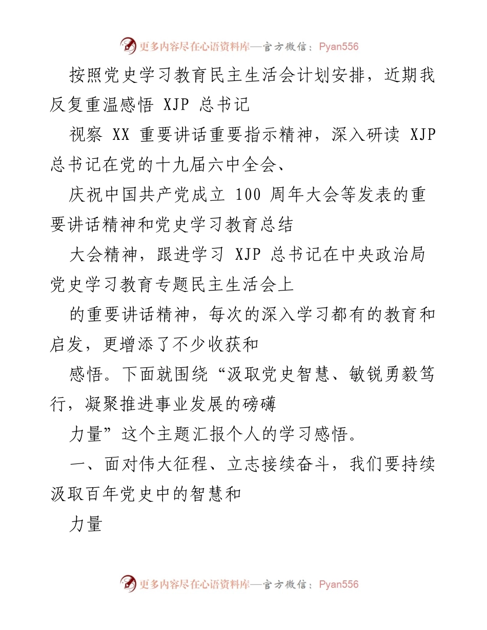 [发言] 党史学习教育民主生活会 - 深入学习党史智慧，凝聚事业发展力量.docx_第1页