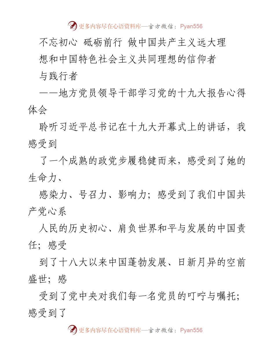 [发言] 党员学习会 - 不忘初心，砥砺前行：学习党的十九大报告心得体会.docx_第1页