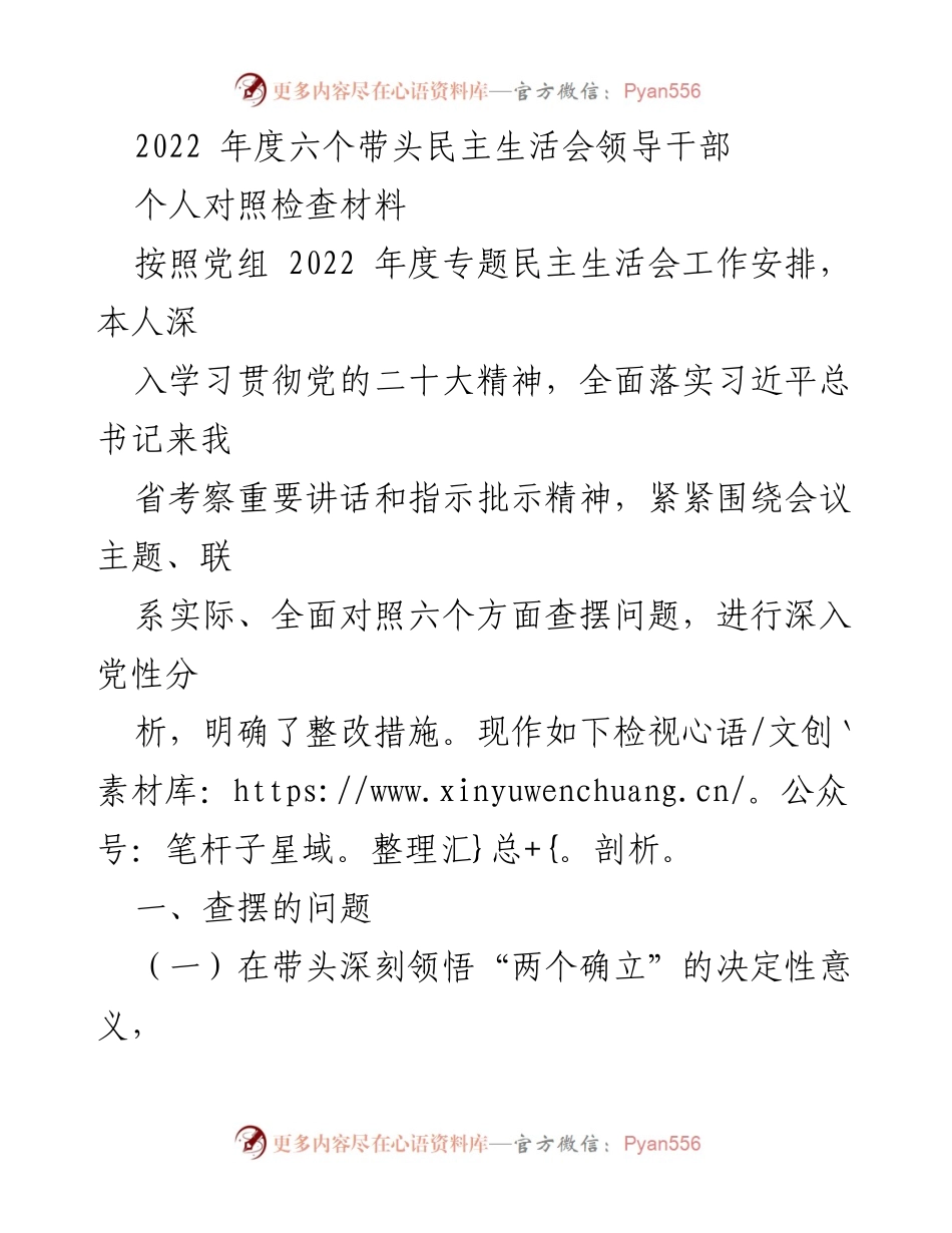 [发言] 党内民主生活会 - 2022年度领导干部个人对照检查材料分析.docx_第1页