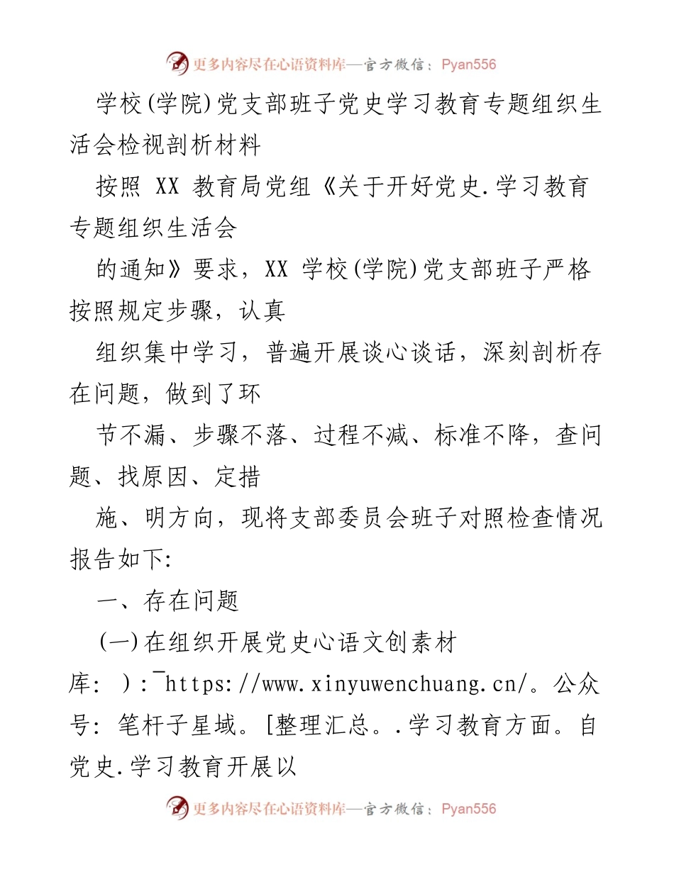[发言] 党史学习教育专题组织生活会 - XX学校党支部班子对党史学习教育的检视与反思.docx_第1页