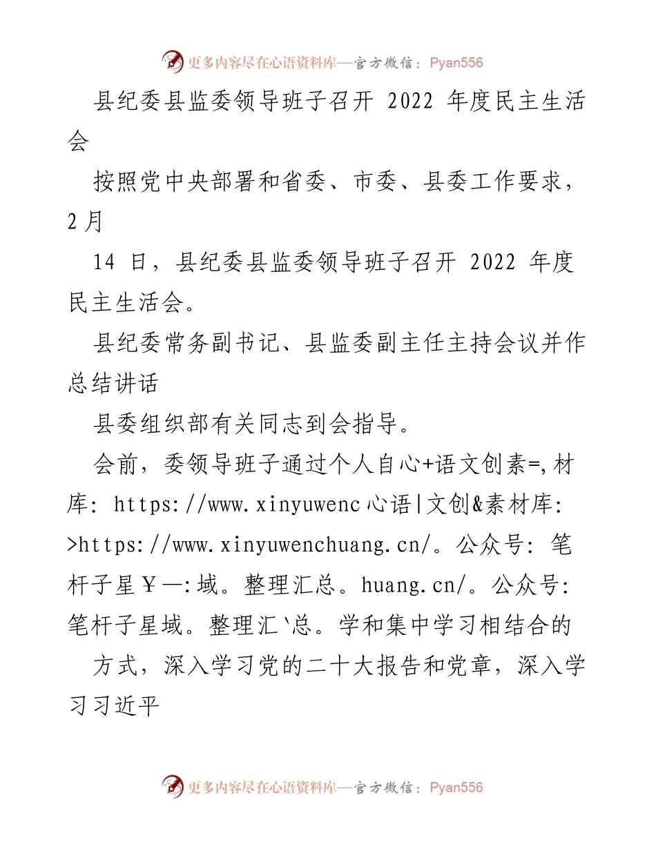 [发言] 会议 - 县纪委县监委领导班子2022年度民主生活会总结与反思.docx_第1页