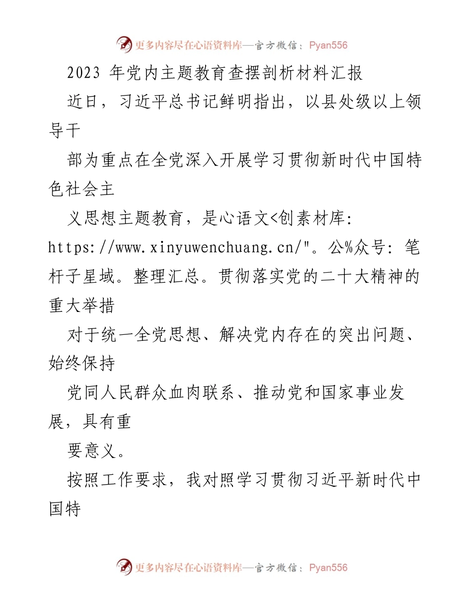 [发言] 党内主题教育 - 深入查摆剖析问题，推动新时代思想教育落实.docx_第1页