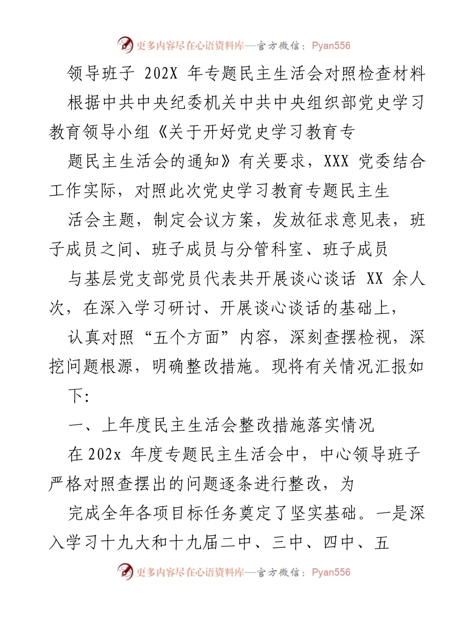 [发言] 党内会议 - 202X年专题民主生活会对照检查材料总结.docx_第1页