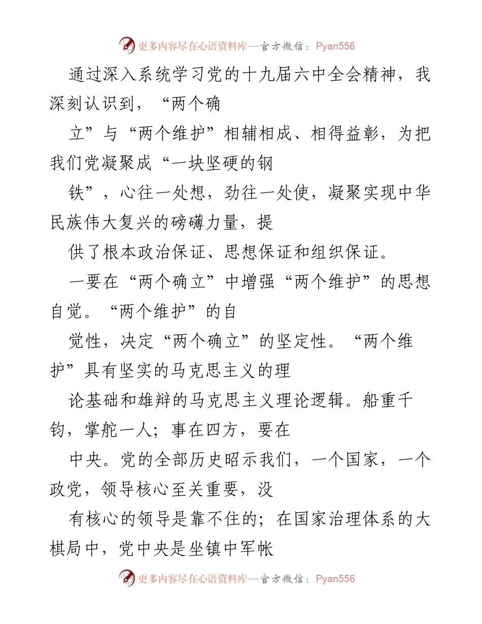 [发言] 党内学习会议 - 深入理解“两个确立”与“两个维护”的重要性.docx_第1页