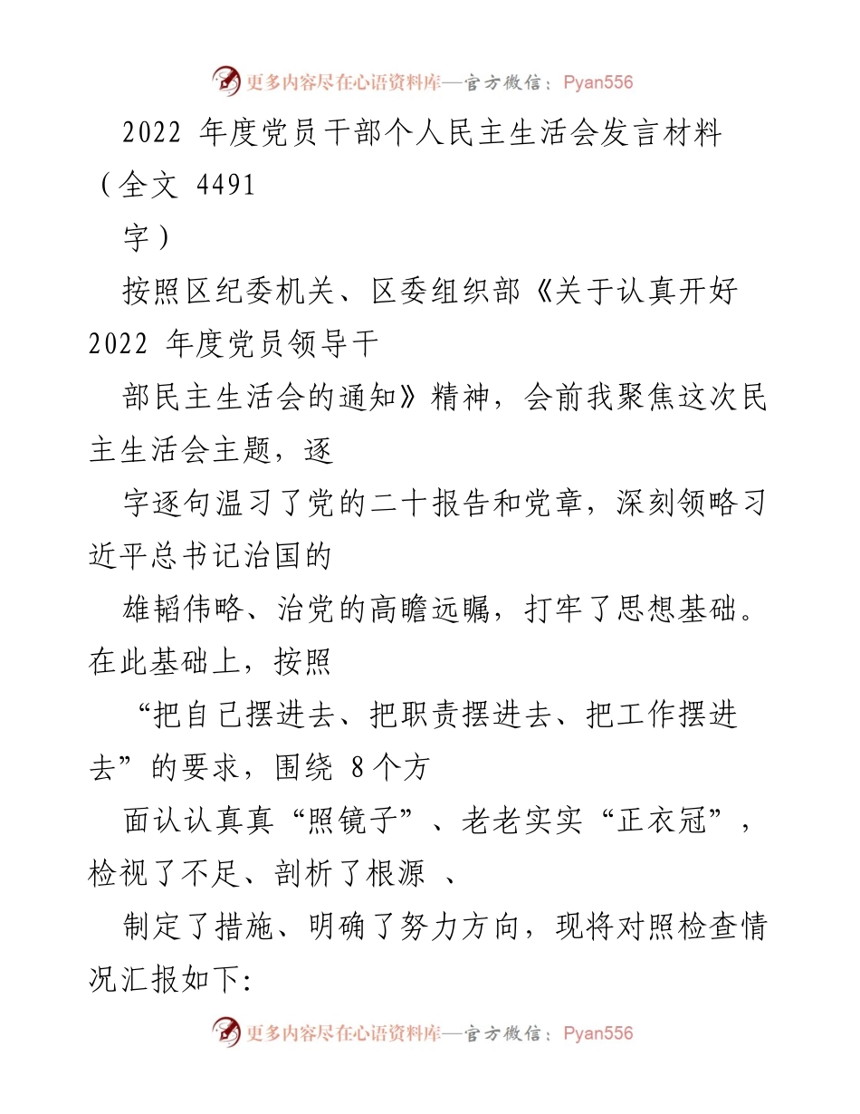 [发言] 党员干部民主生活会 - 2022年度党员干部民主生活会发言材料总结.docx_第1页