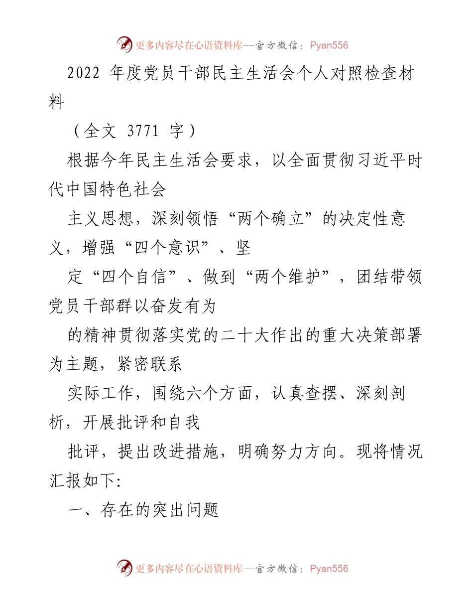 [发言] 党员干部民主生活会 - 2022年度党员干部民主生活会个人对照检查材料.docx_第1页