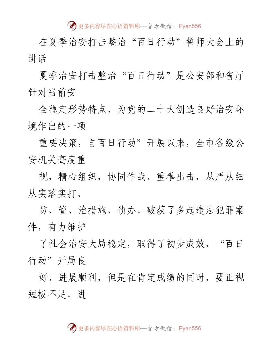 [发言] 会议 - 夏季治安打击整治“百日行动”誓师大会讲话.docx_第1页
