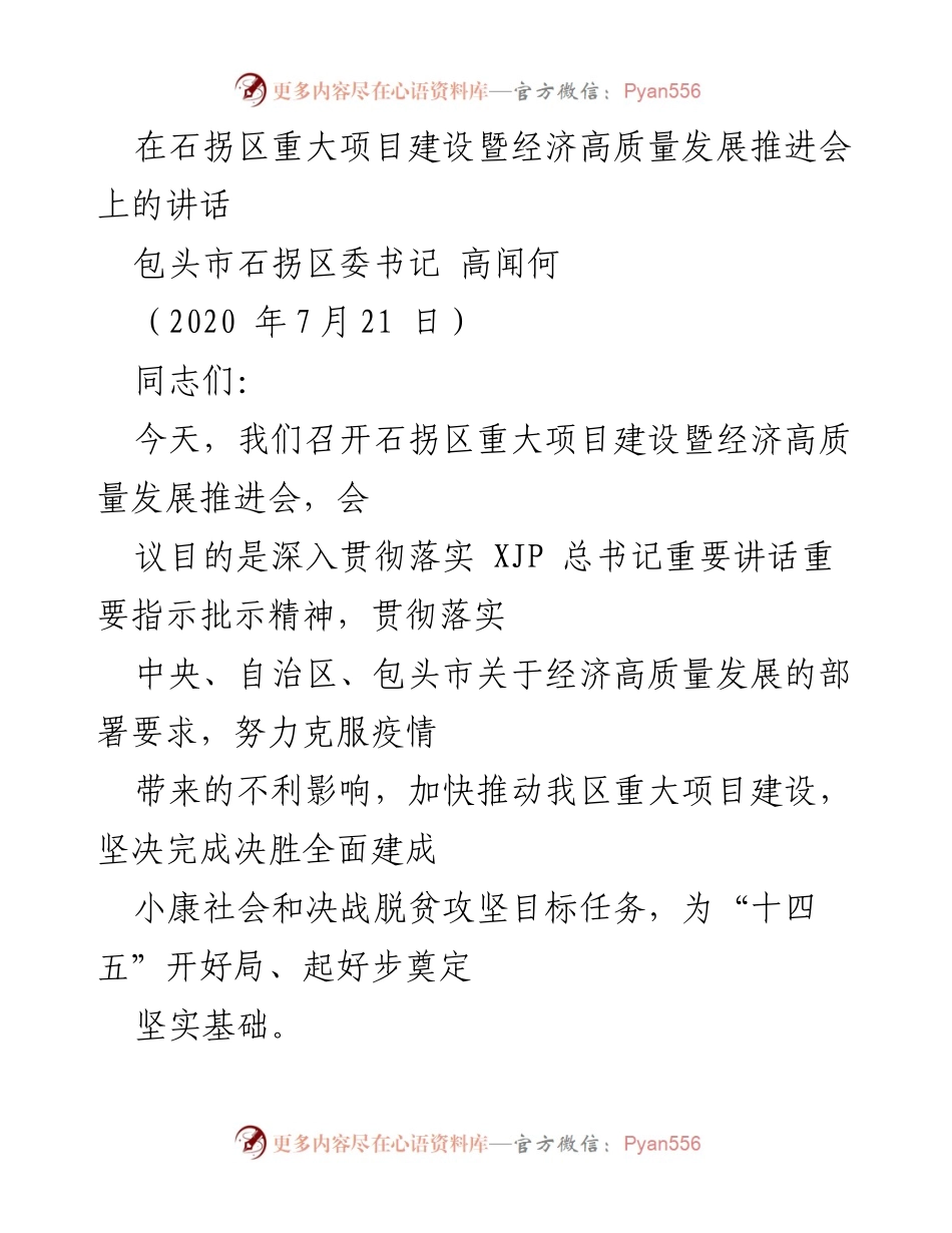 [发言] 会议 - 加快重大项目建设，推动经济高质量发展_1.docx_第1页