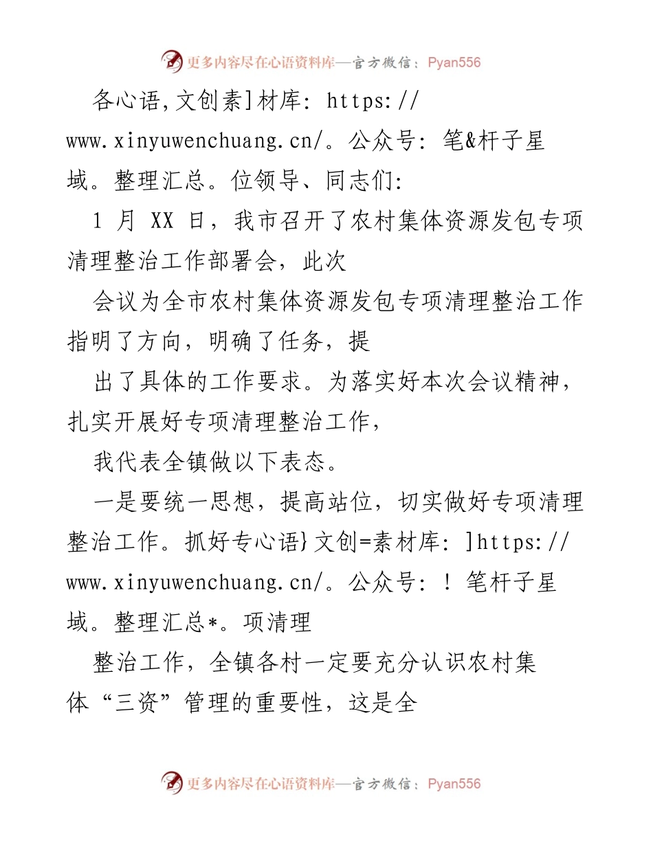 [发言] 会议 - 农村集体资源发包专项清理整治工作表态发言.docx_第1页