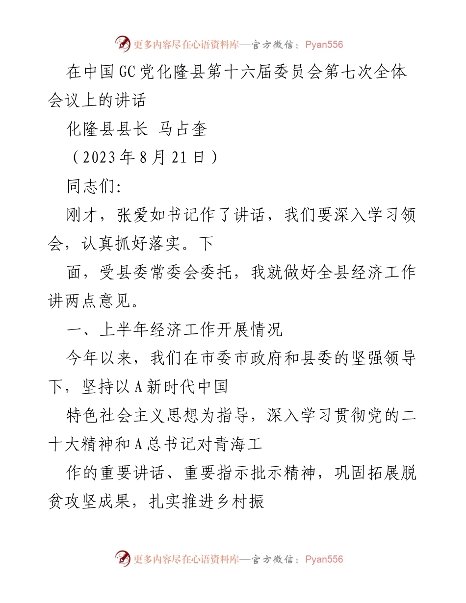 [发言] 会议 - 贯彻落实全县经济工作及生态环境治理讲话.docx_第1页