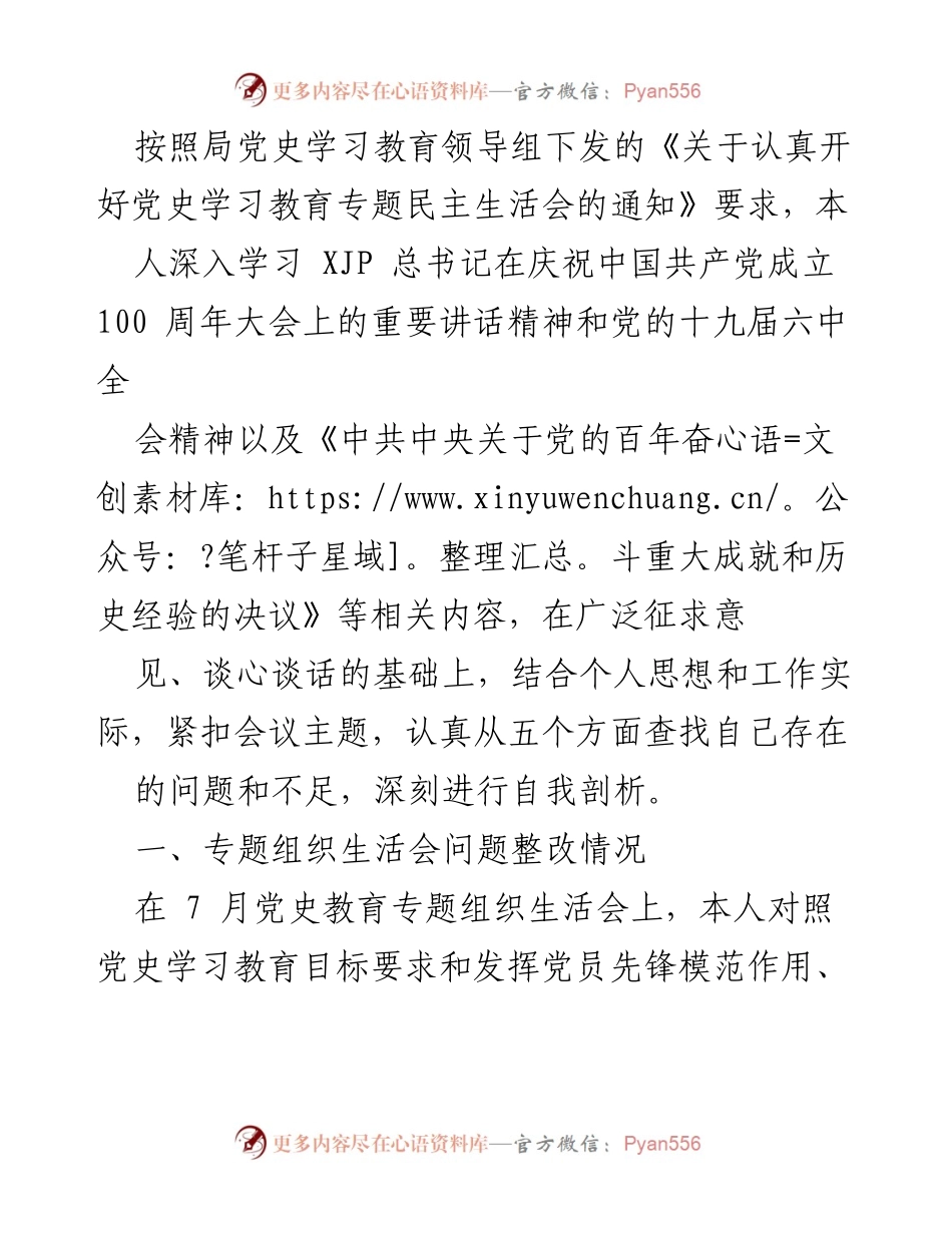 [发言] 党史学习教育专题民主生活会 - 深入自我剖析与整改落实情况报告_1.docx_第1页