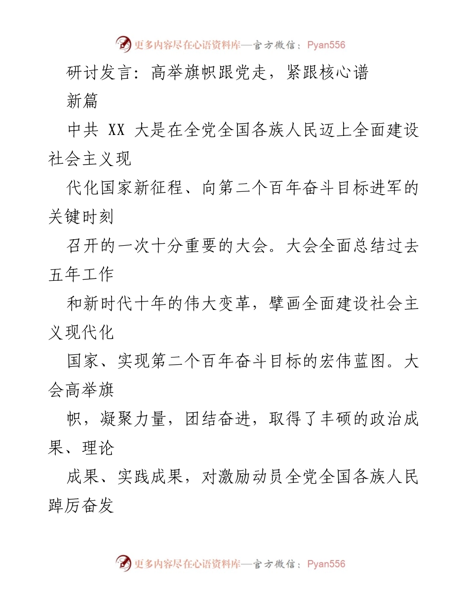 [发言] 党代会 - 高举旗帜，团结奋进：总结与展望中国特色社会主义伟大成就.docx_第1页
