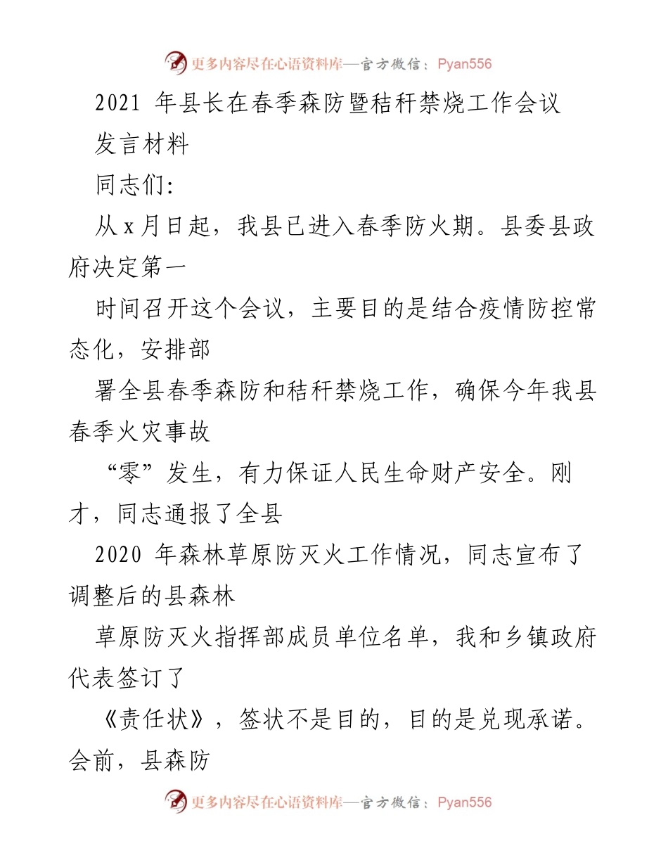 [发言] 会议 - 春季森防暨秸秆禁烧工作会议发言材料.docx_第1页