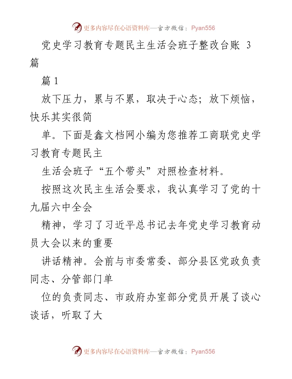 [发言] 党史学习教育专题民主生活会 - 班子整改台账及对照检查材料.docx_第1页