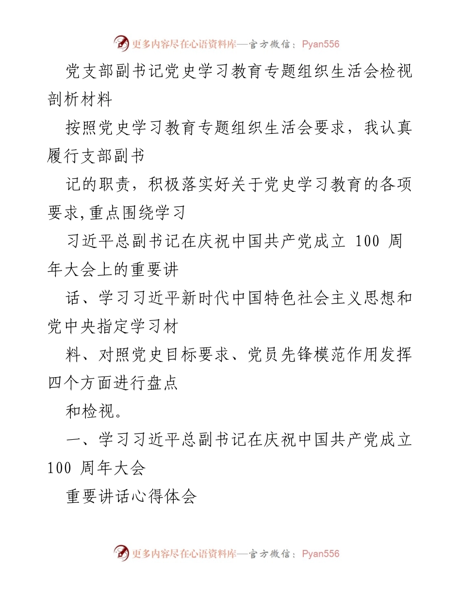 [发言] 党史学习教育专题组织生活会 - 党支部副书记的学习与体会总结.docx_第1页