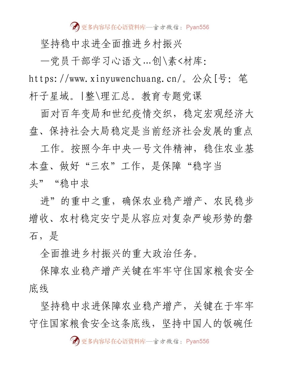 [发言] 党员干部学习教育专题党课 - 坚持稳中求进，全面推进乡村振兴与粮食安全.docx_第1页