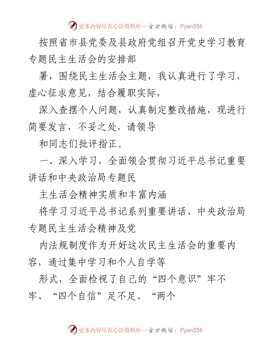 [发言] 党史学习教育专题民主生活会 - 深入学习与自我查摆：提升政治担当与履职能力.docx_第1页