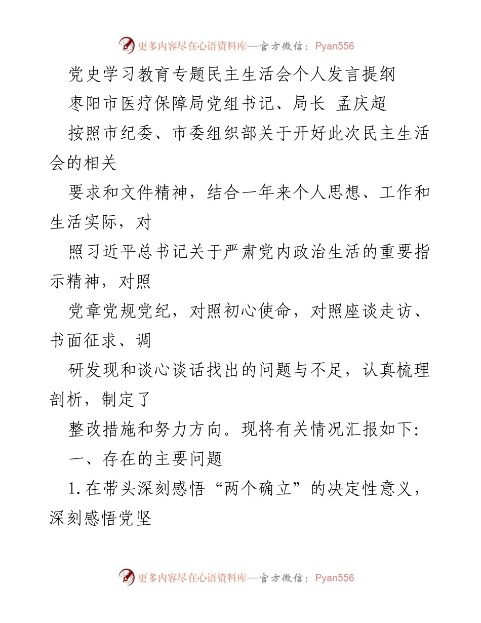 [发言] 党史学习教育专题民主生活会 - 个人发言提纲与整改措施分析.docx_第1页