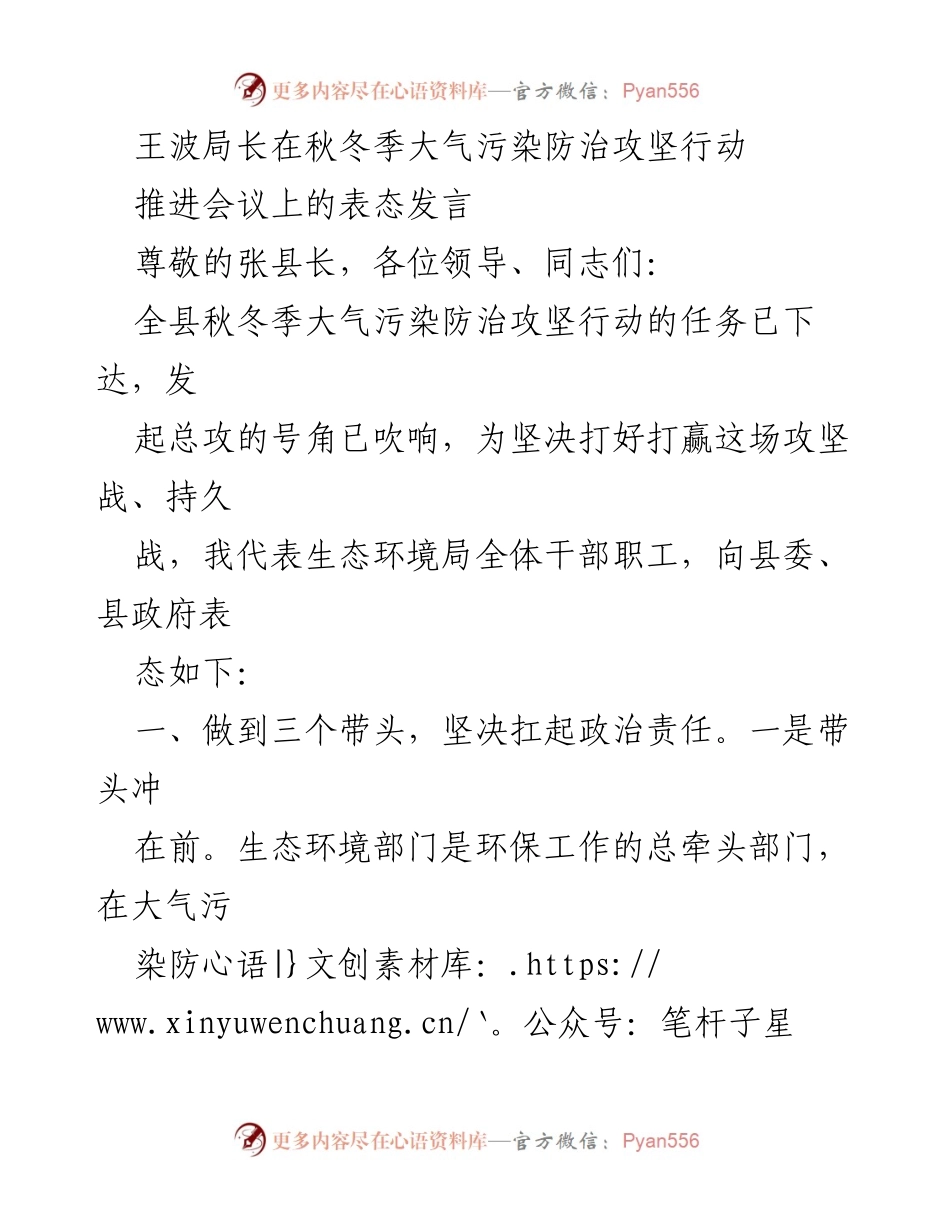 [发言] 会议 - 王波局长在秋冬季大气污染防治攻坚行动推进会议上的表态发言.docx_第1页