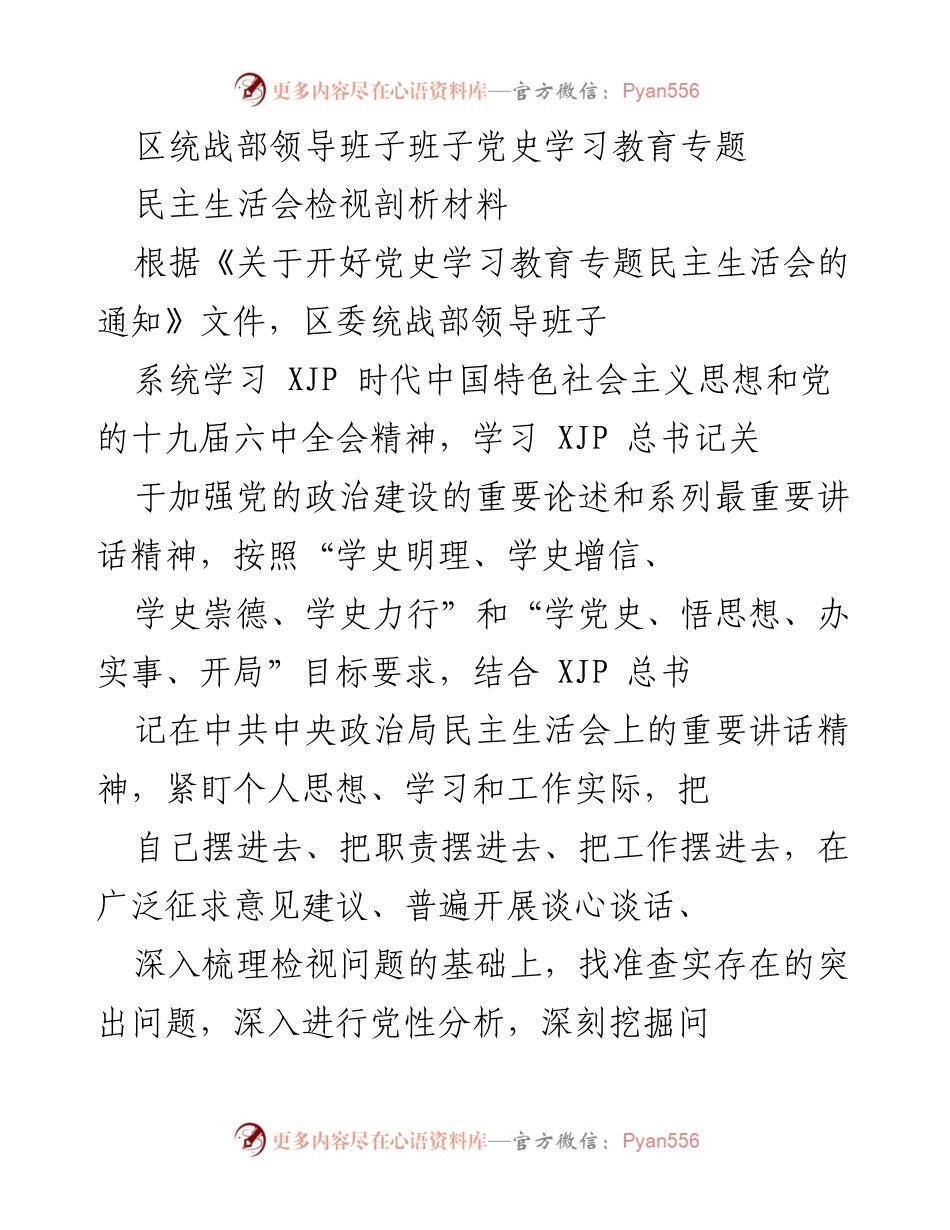 [发言] 党史学习教育专题民主生活会 - 区委统战部领导班子党史学习教育检视剖析报告.docx_第1页