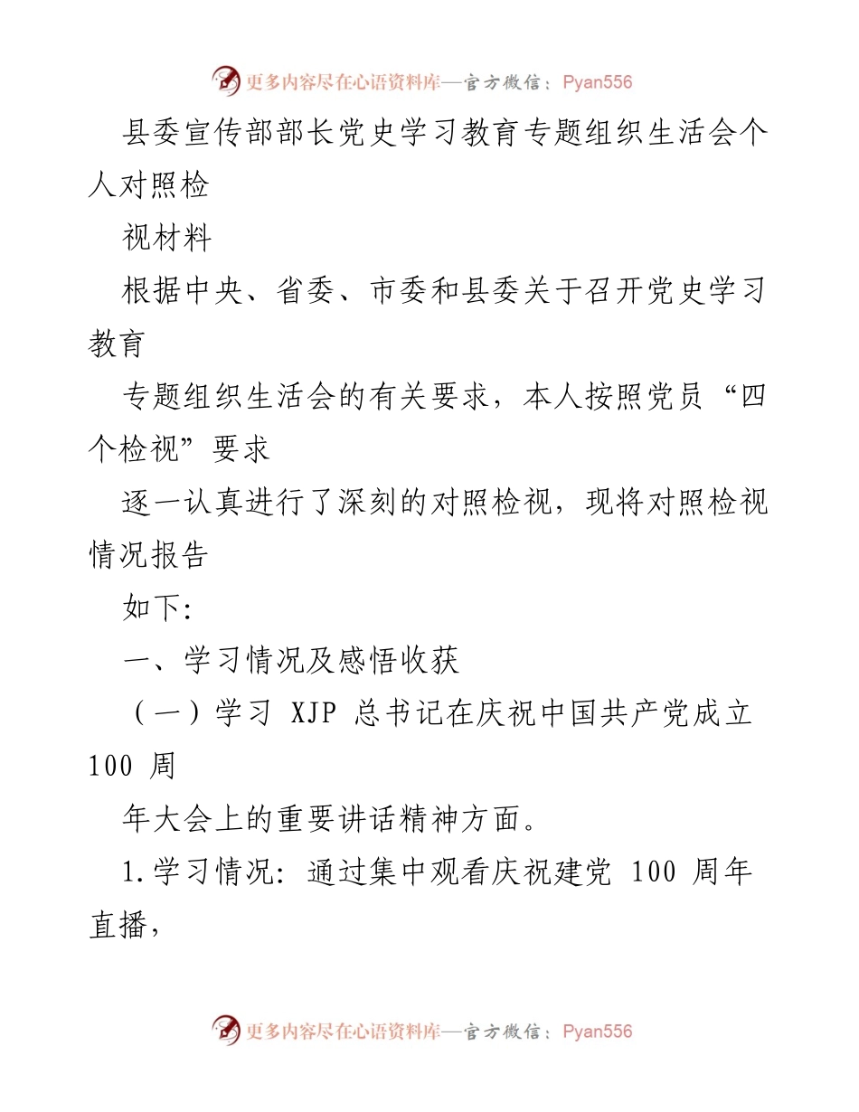 [发言] 党史学习教育专题组织生活会 - 个人对照检视材料总结.docx_第1页