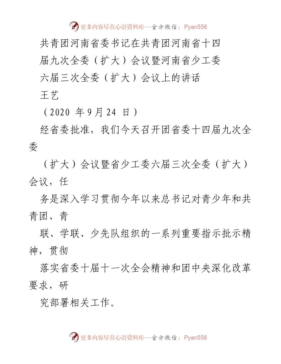 [发言] 会议 - 深入学习贯彻总书记重要指示，推动共青团工作新发展.docx_第1页
