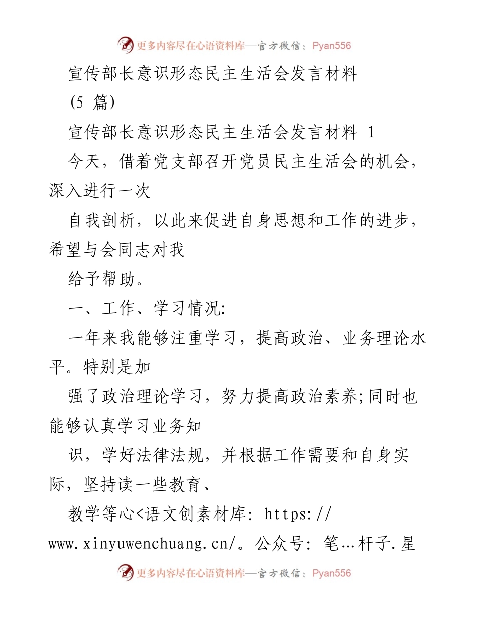 [发言] 党员民主生活会 - 宣传部长意识形态自我剖析与工作总结.docx_第1页
