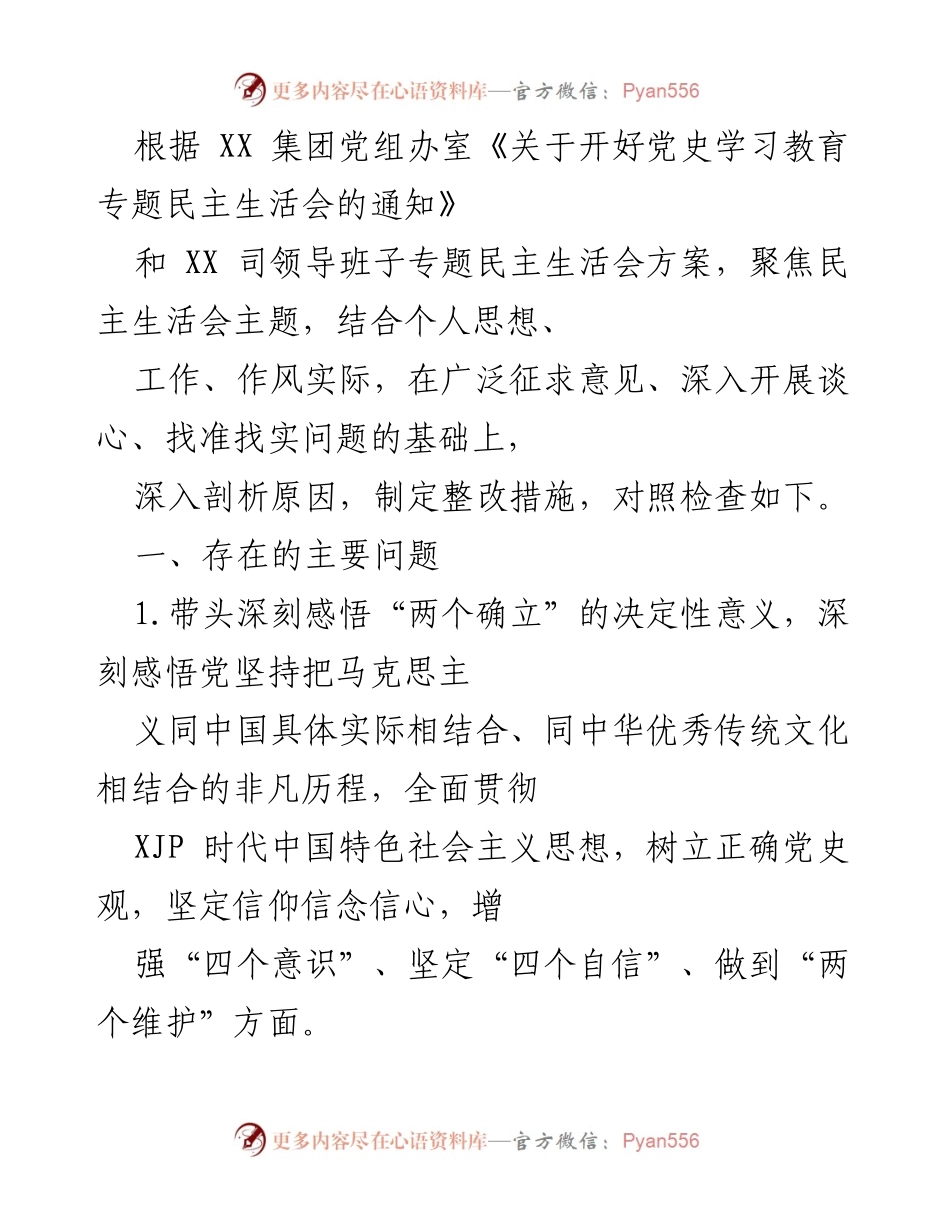 [发言] 党史学习教育专题民主生活会 - 深入剖析问题，落实整改措施_1.docx_第1页