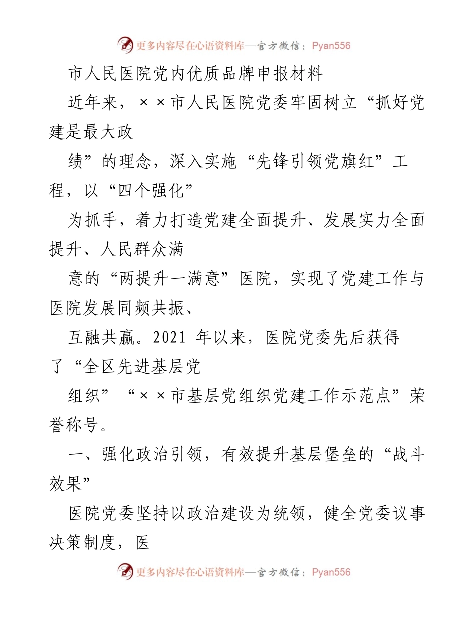 [发言] 党内品牌申报 - 市人民医院党建工作成效与品牌建设.docx_第1页