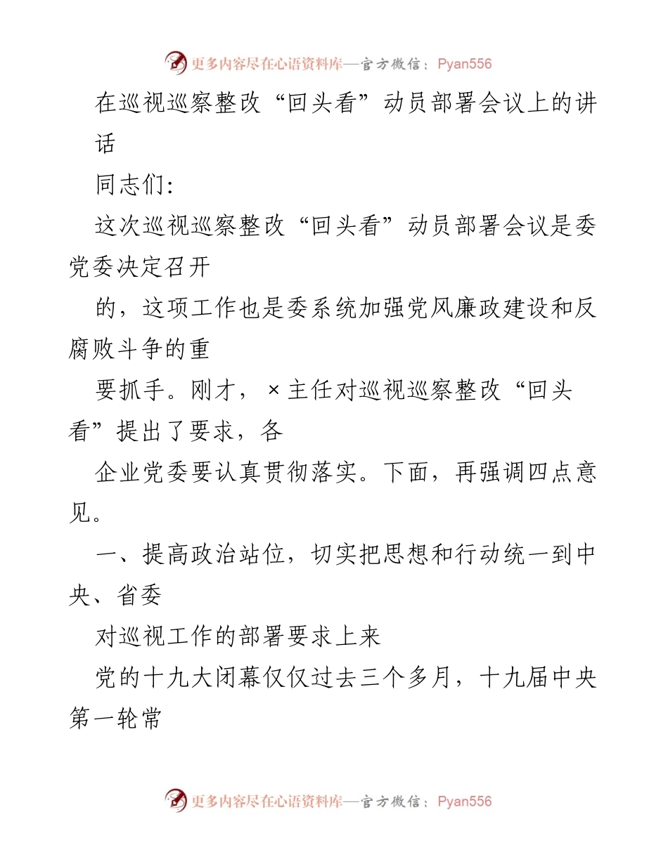 [发言] 会议 - 巡视巡察整改“回头看”动员部署会议讲话_1.docx_第1页