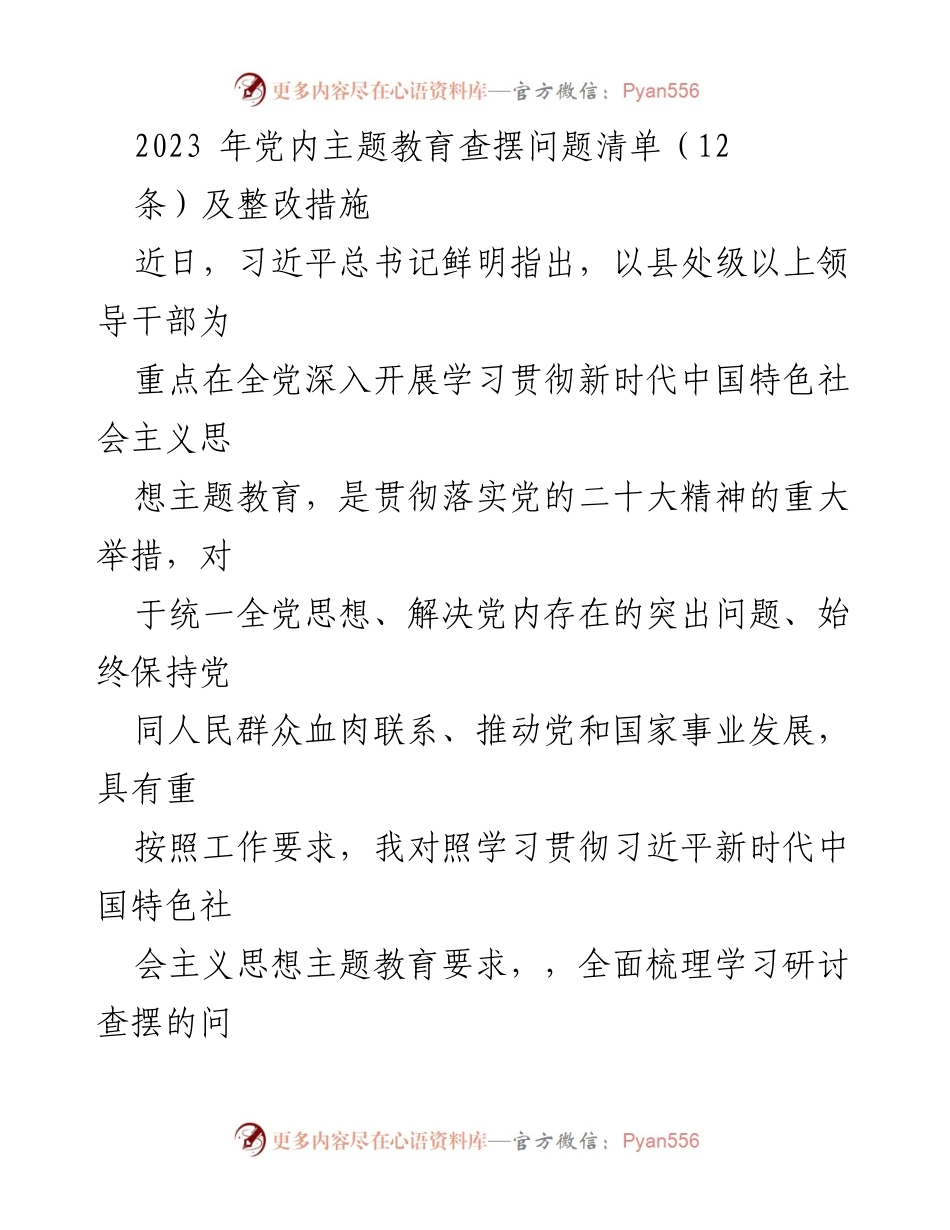 [发言] 党内主题教育会议 - 2023年党内主题教育问题查摆与整改措施总结.docx_第1页