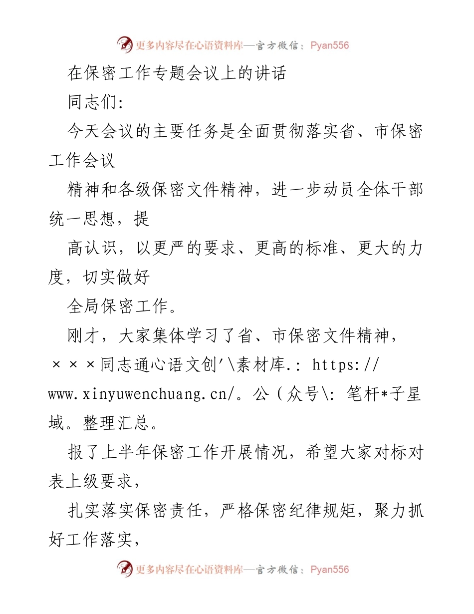 [发言] 保密工作专题会议 - 强化保密意识，提升工作标准.docx_第1页