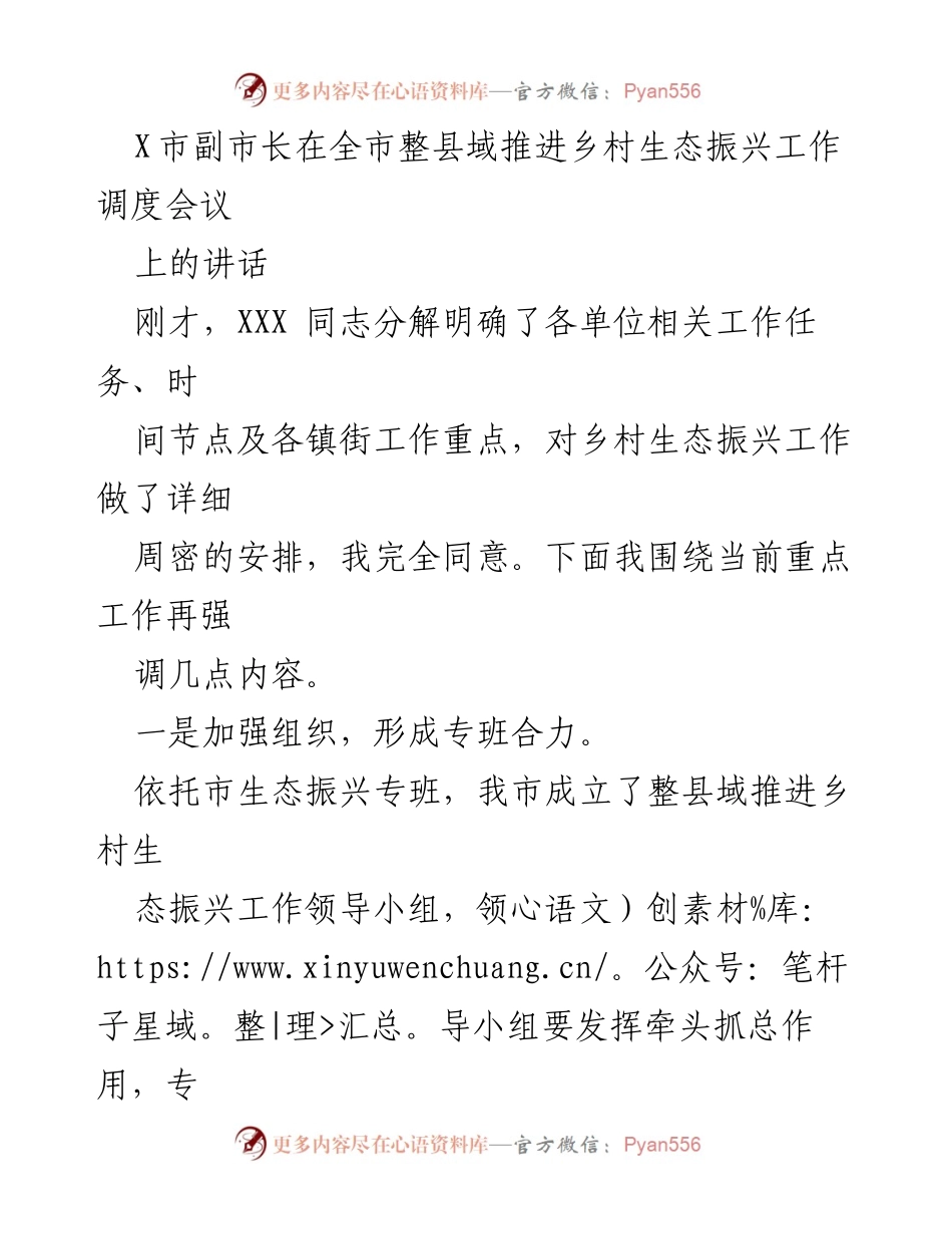 [发言] 会议 - 加强组织与协调，推进X市乡村生态振兴工作.docx_第1页