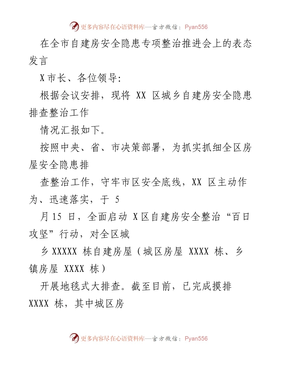 [发言] 会议 - 自建房安全隐患整治工作推进表态发言.docx_第1页
