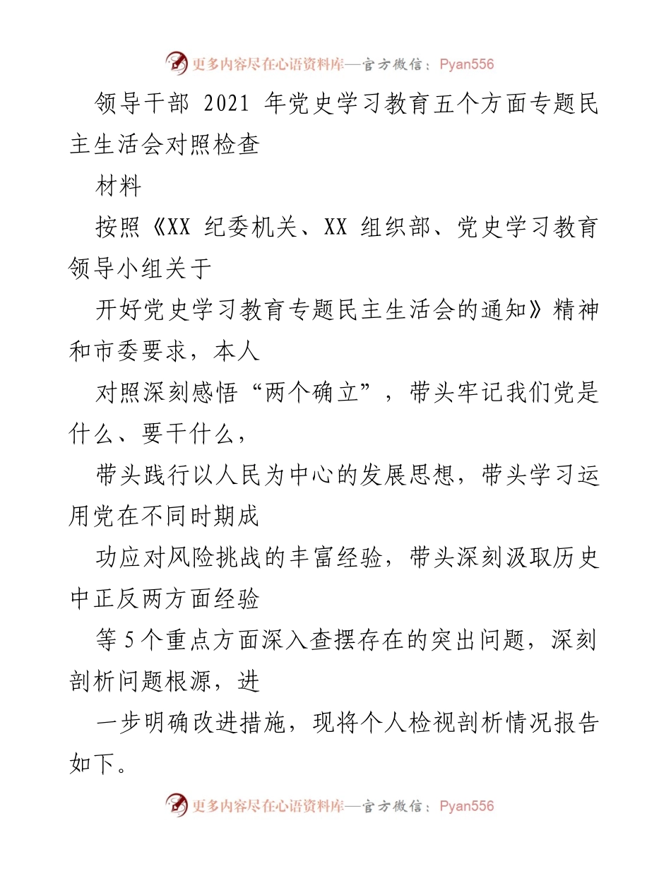 [发言] 党史学习教育专题民主生活会 - 个人对照检查与问题剖析报告.docx_第1页