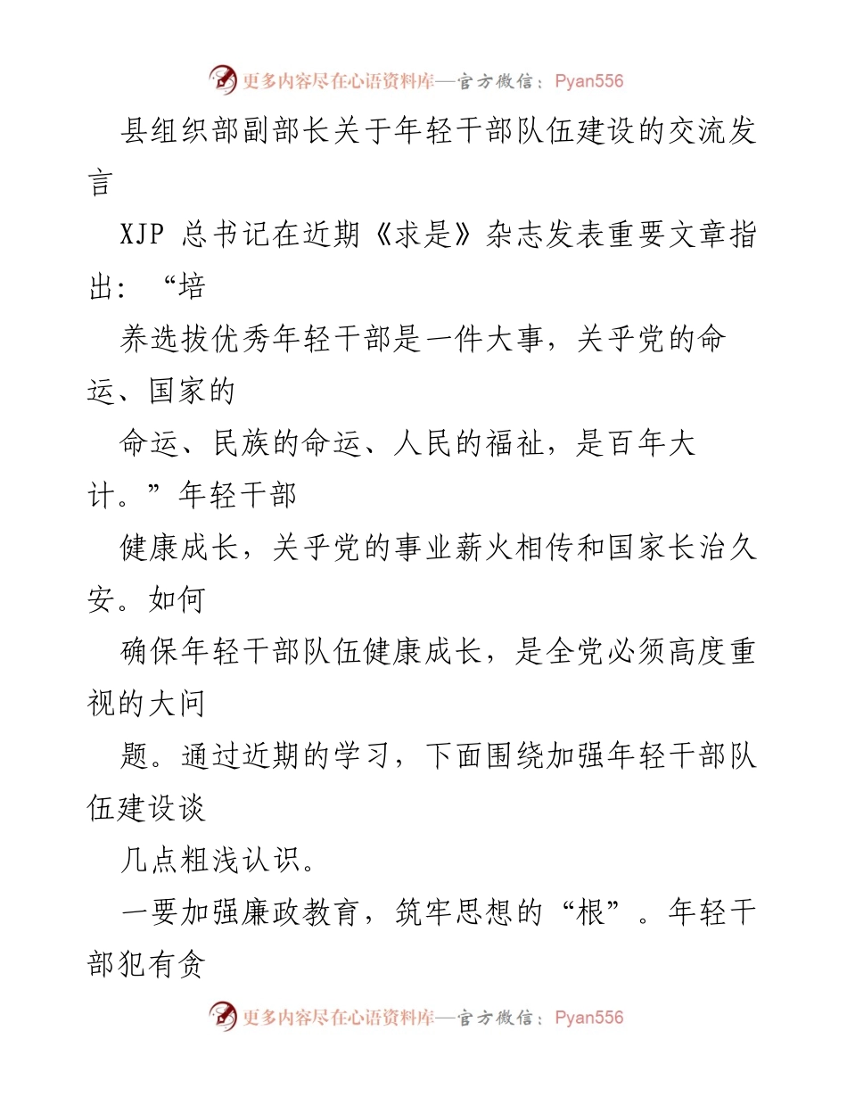 [发言] 会议交流 - 加强年轻干部队伍建设的思考与建议.docx_第1页
