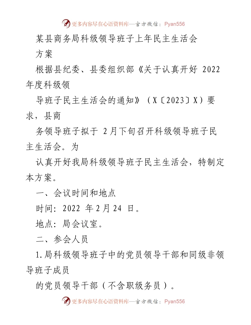 [发言] 会议 - 某县商务局科级领导班子民主生活会方案.docx_第1页