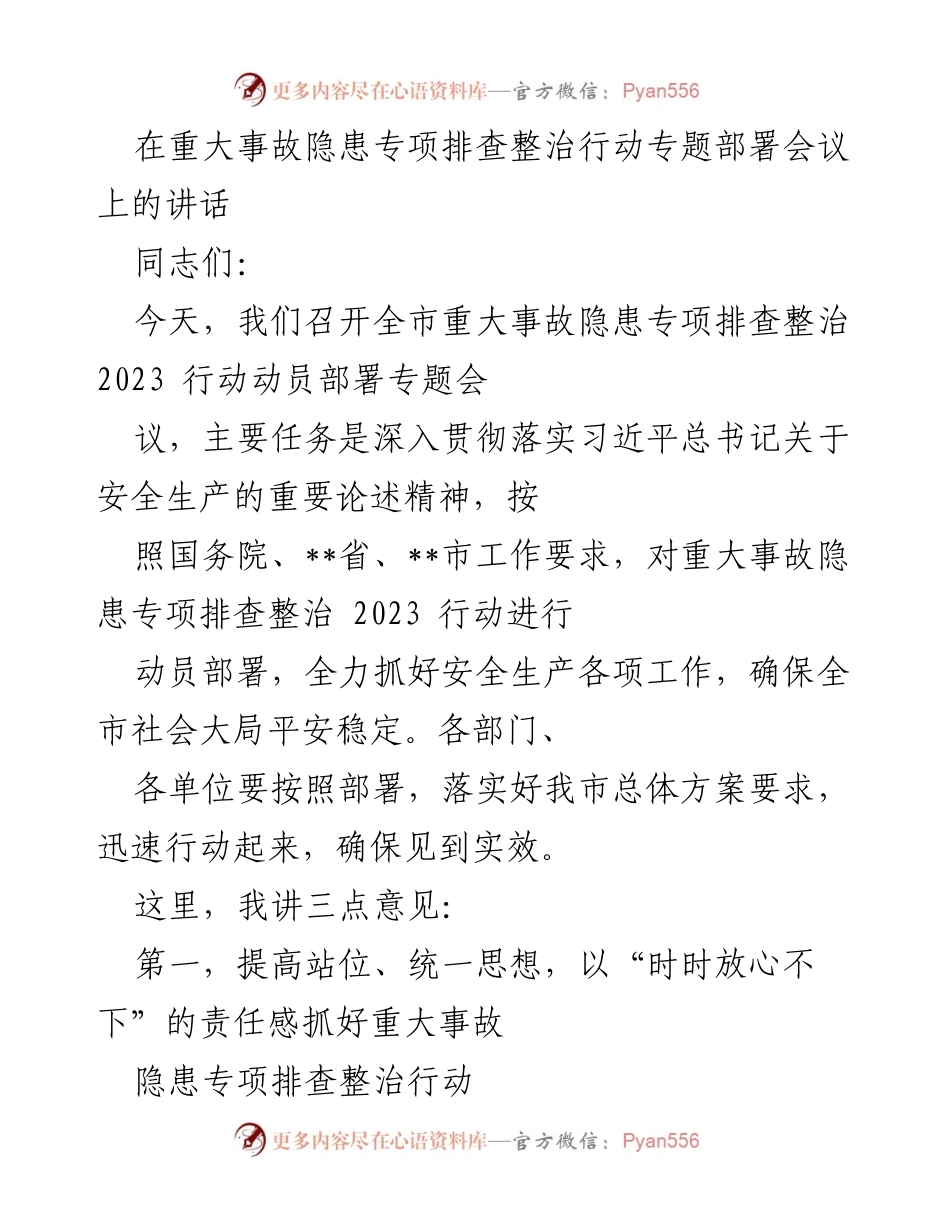 [发言] 会议 - 全市重大事故隐患专项排查整治行动动员部署讲话_1.docx_第1页