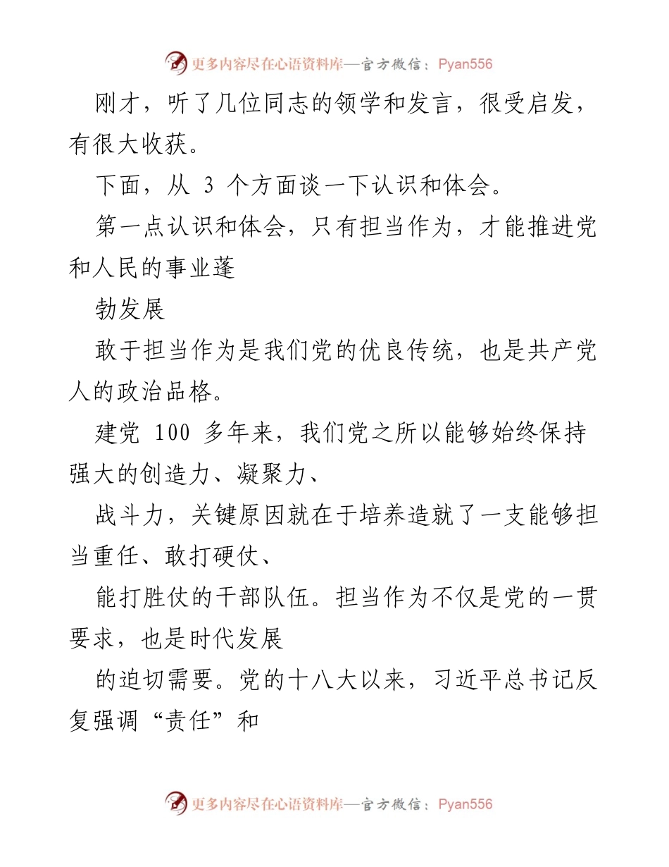 [发言] 党内学习会议 - 担当作为：推动新时代党和人民事业发展的关键.docx_第1页