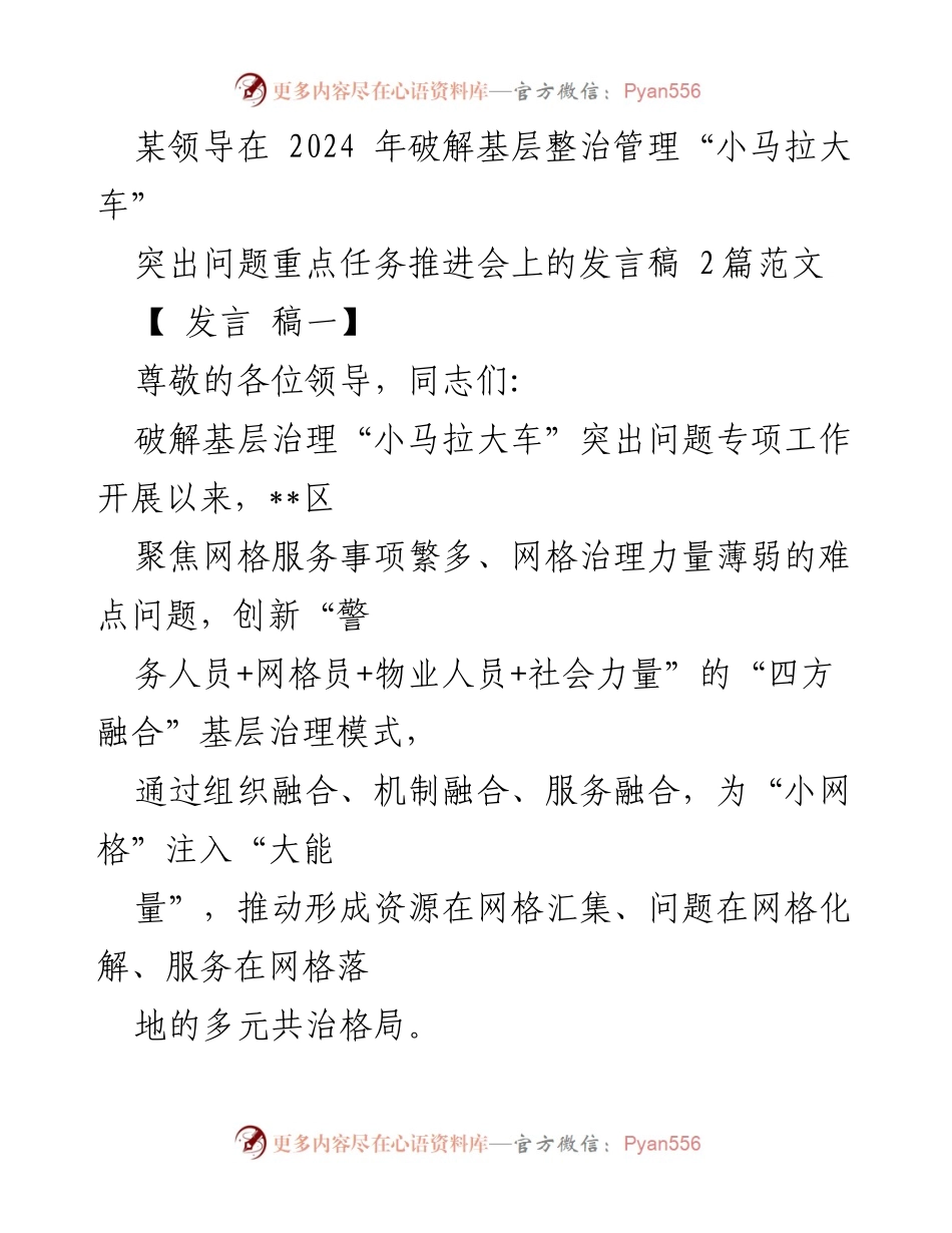 [发言] 会议 - 破解基层整治管理“小马拉大车”问题的创新模式与成效.docx_第1页
