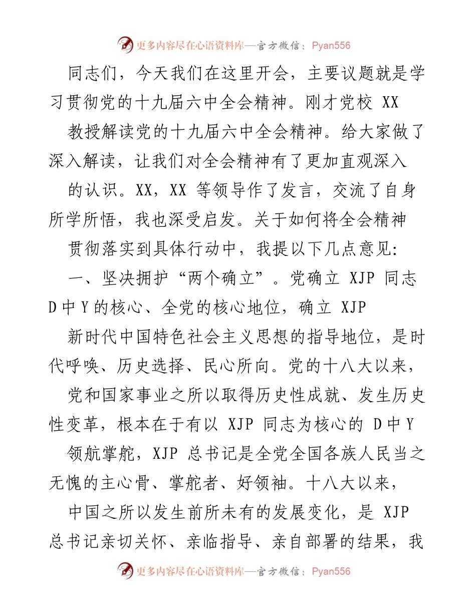 [发言] 会议 - 学习贯彻党的十九届六中全会精神的实践与落实.docx_第1页