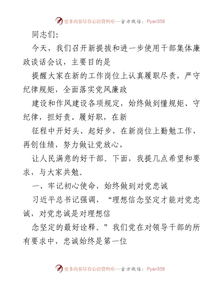[发言] 会议 - 新提拔干部集体廉政谈话会议的希望与要求.docx_第1页