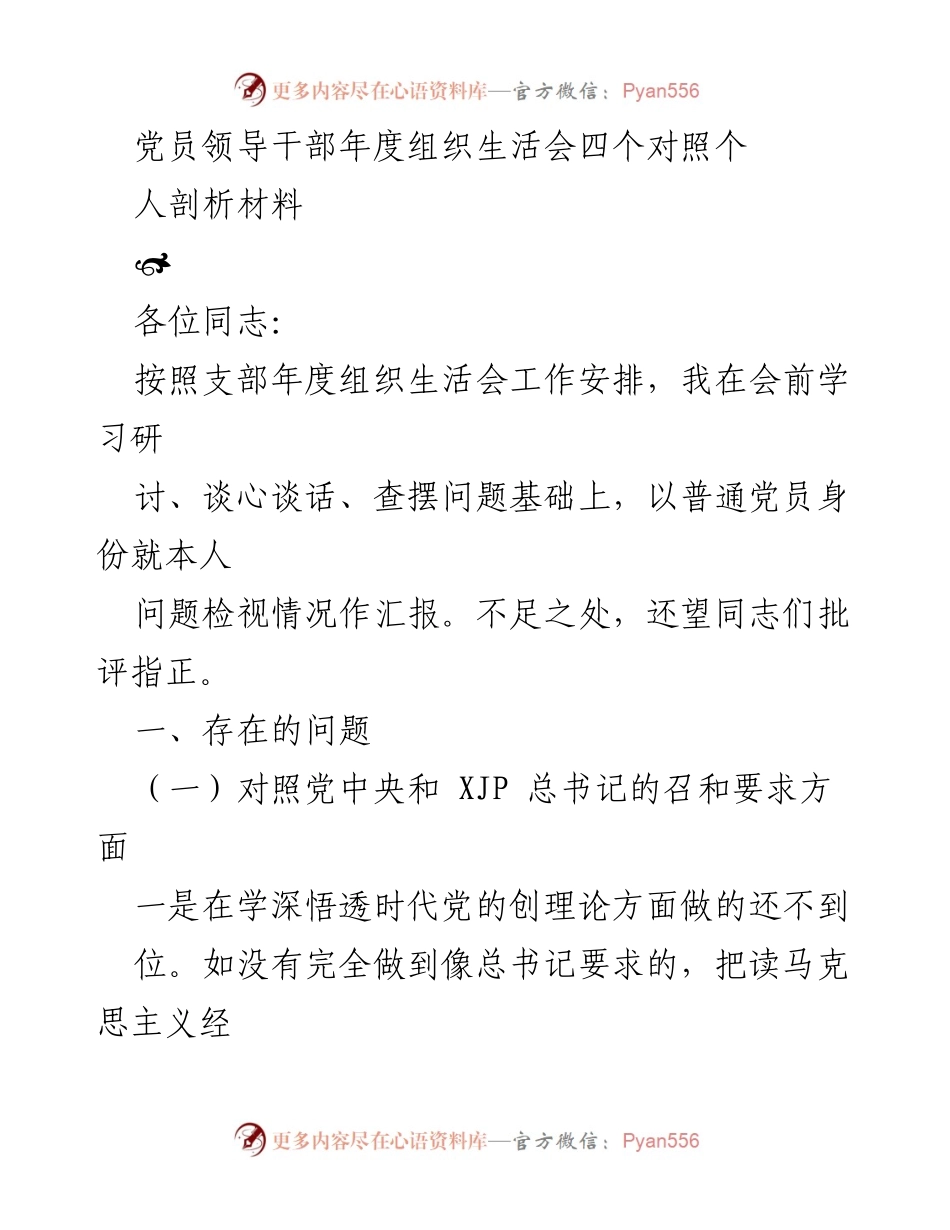 [发言] 党员领导干部年度组织生活会 - 党员领导干部年度组织生活会个人剖析与反思.docx_第1页