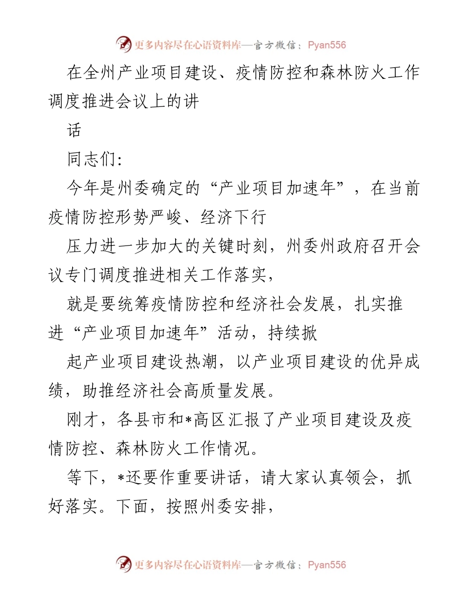 [发言] 会议 - 加速产业项目建设，统筹疫情防控与经济发展_1.docx_第1页
