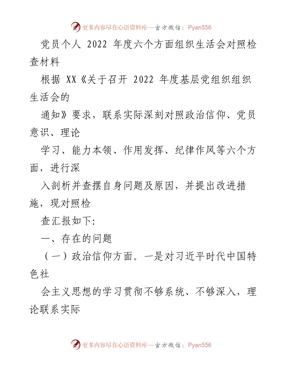 [发言] 党员组织生活会 - 2022年度党员个人对照检查及改进措施总结.docx_第1页