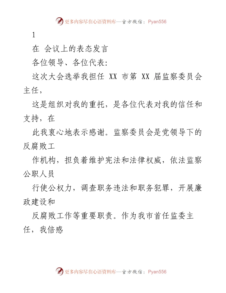[发言] 会议 - 监察委员会主任就职表态发言.docx_第1页